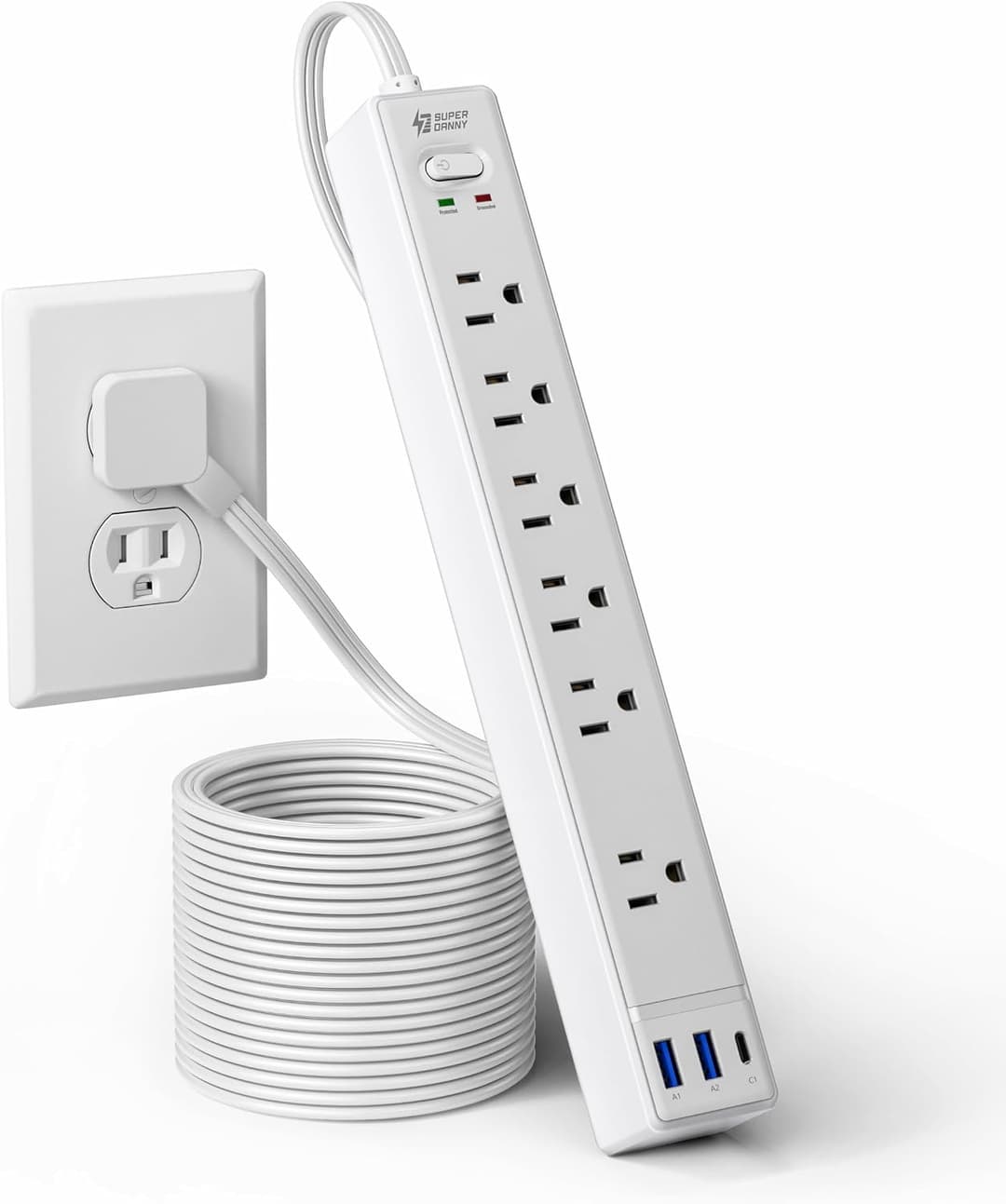 SUPERDANNY Flat Plug Power Strip, 10 ft, Power Strips
